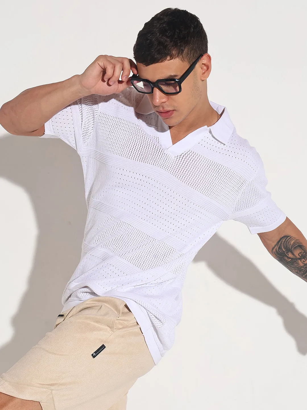 Men??s Textured Striped White Knitted Short Sleeve Polo T-Shirt Weatherproof