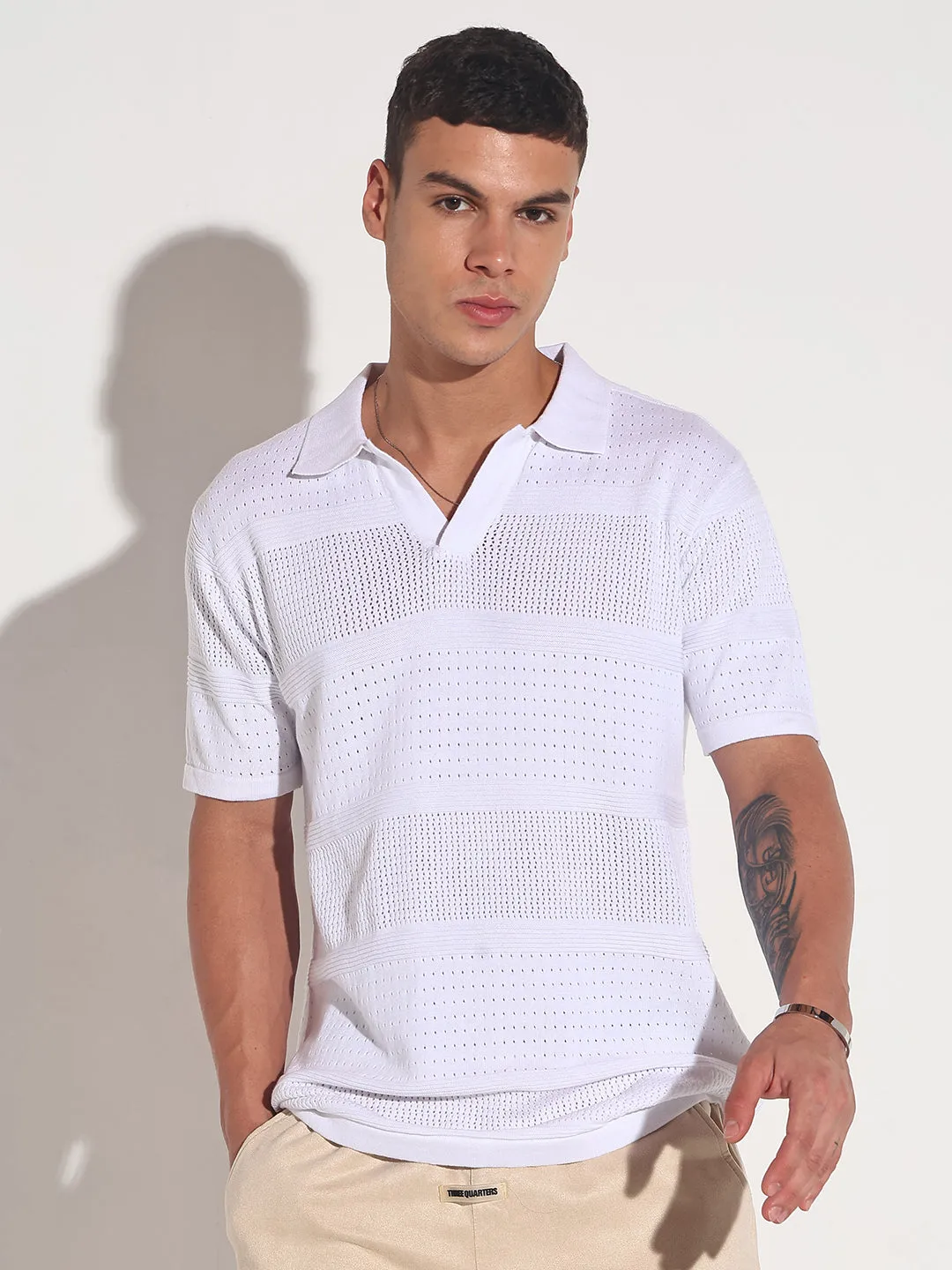Screen Core Men??s Textured Striped White Knitted Short Sleeve Polo T-Shirt
