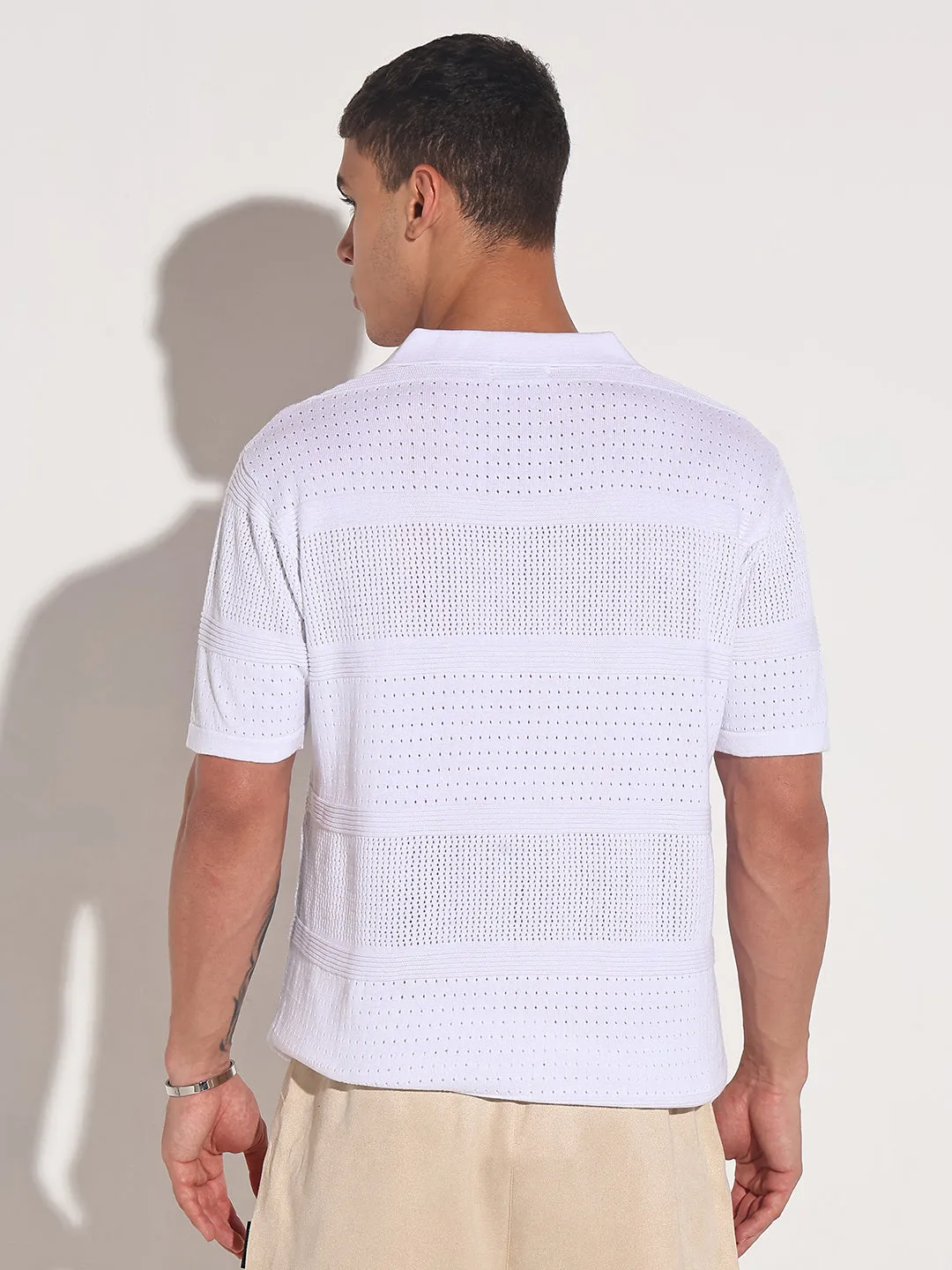 Men??s Textured Striped White Knitted Short Sleeve Polo T-Shirt Hypoallergenic Fibers