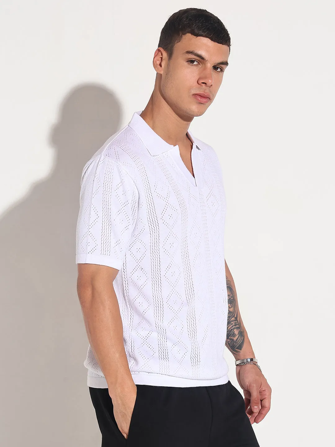 Men??s Textured White Knit Polo T-Shirt with Open Collar Team Edge