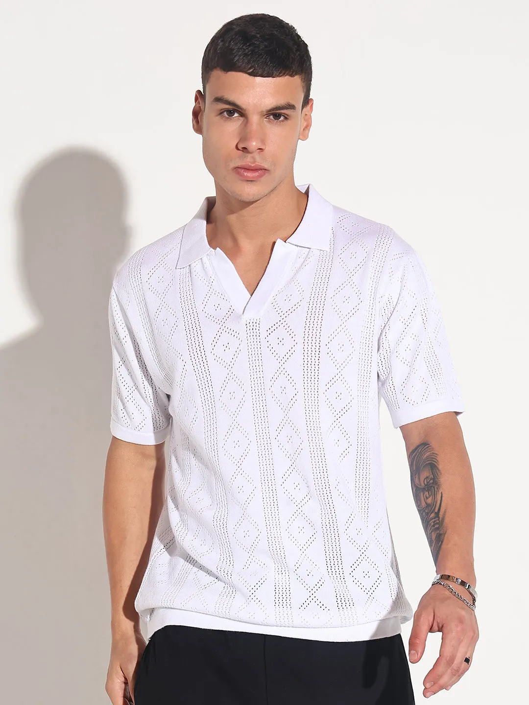 Downtown Cool Men??s Textured White Knit Polo T-Shirt with Open Collar