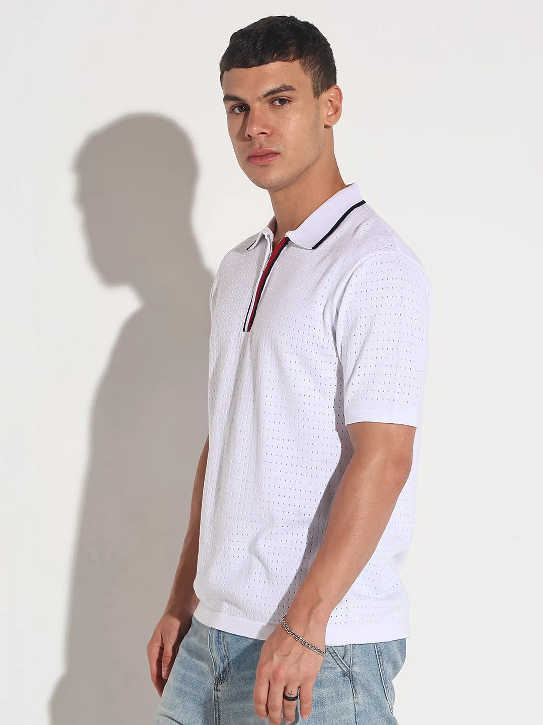 Men??s Textured White Short Sleeve Polo T-Shirt with Contrast Zip Details Formal Wear