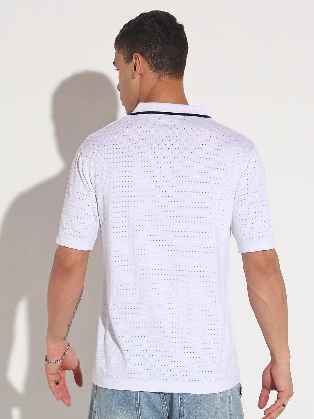 Men??s Textured White Short Sleeve Polo T-Shirt with Contrast Zip Details China Cool