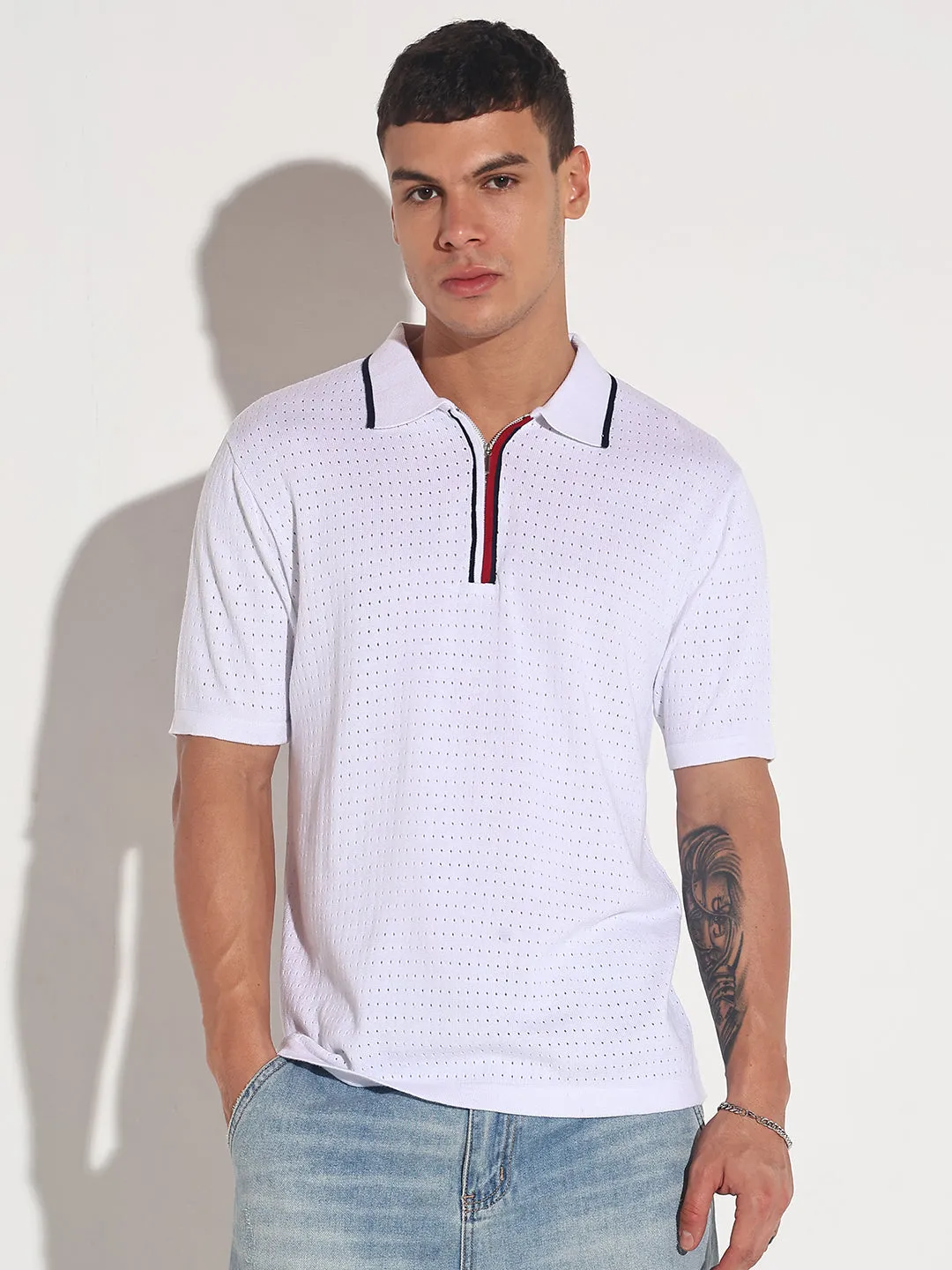 WaterRepellentFinish Men??s Textured White Short Sleeve Polo T-Shirt with Contrast Zip Details