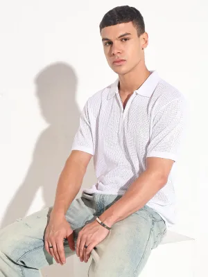 Earth Glow Men??s Textured White Short Sleeve Semi Sheer Polo T-Shirt with Zipper  Detail
