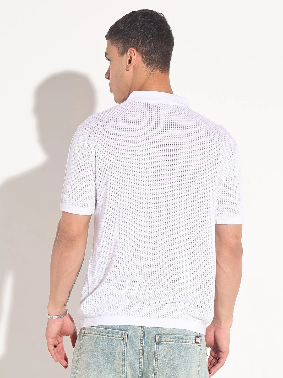 Loose Thread Weekend Wear Men??s Textured White Short Sleeve Semi Sheer Polo T-Shirt with Zipper  Detail