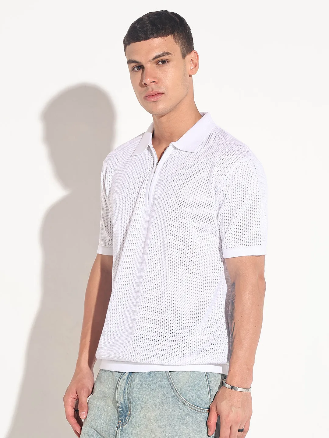 Run Glow Men??s Textured White Short Sleeve Semi Sheer Polo T-Shirt with Zipper  Detail