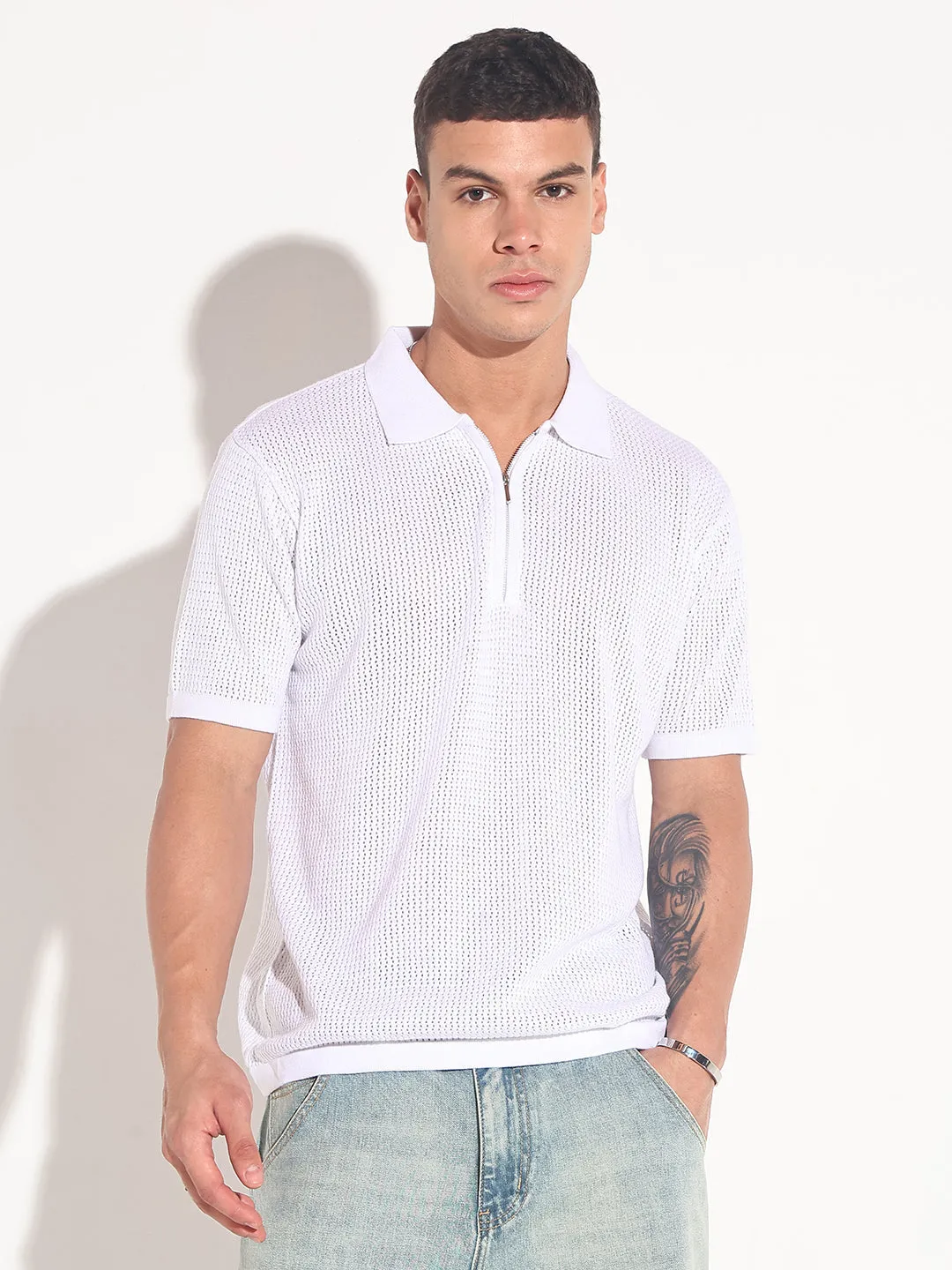 Men??s Textured White Short Sleeve Semi Sheer Polo T-Shirt with Zipper  Detail Pure Tone QuickDrying Fiber