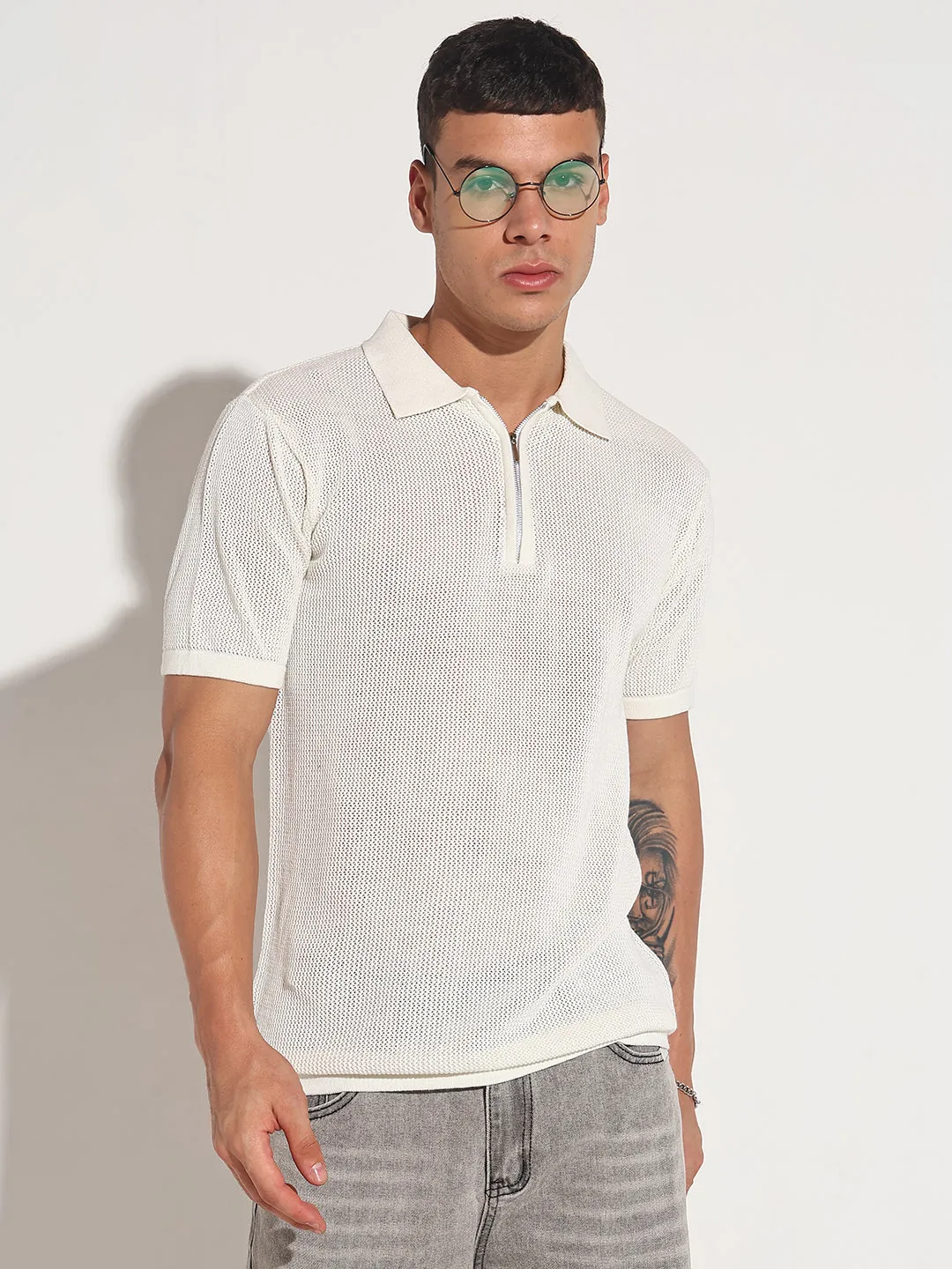 Cozy Layers Men??s Textured White Short Sleeve Semi Sheer Polo T-Shirt with Zipper  Detail