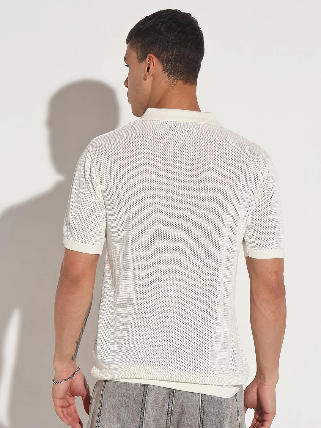 Fashion Design Clear Mind Men??s Textured White Short Sleeve Semi Sheer Polo T-Shirt with Zipper  Detail