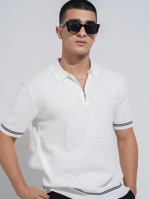 Men's Textured White Short Sleeves Polo Collar Regular Fit T-Shirt City Beat Chic Jacket