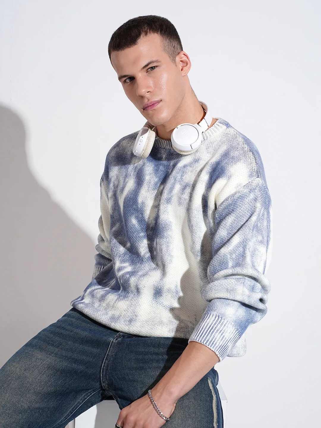 Men's Tie and Dye Blue Round Neck Regular Fit Sweatshirt Beach Wear packable