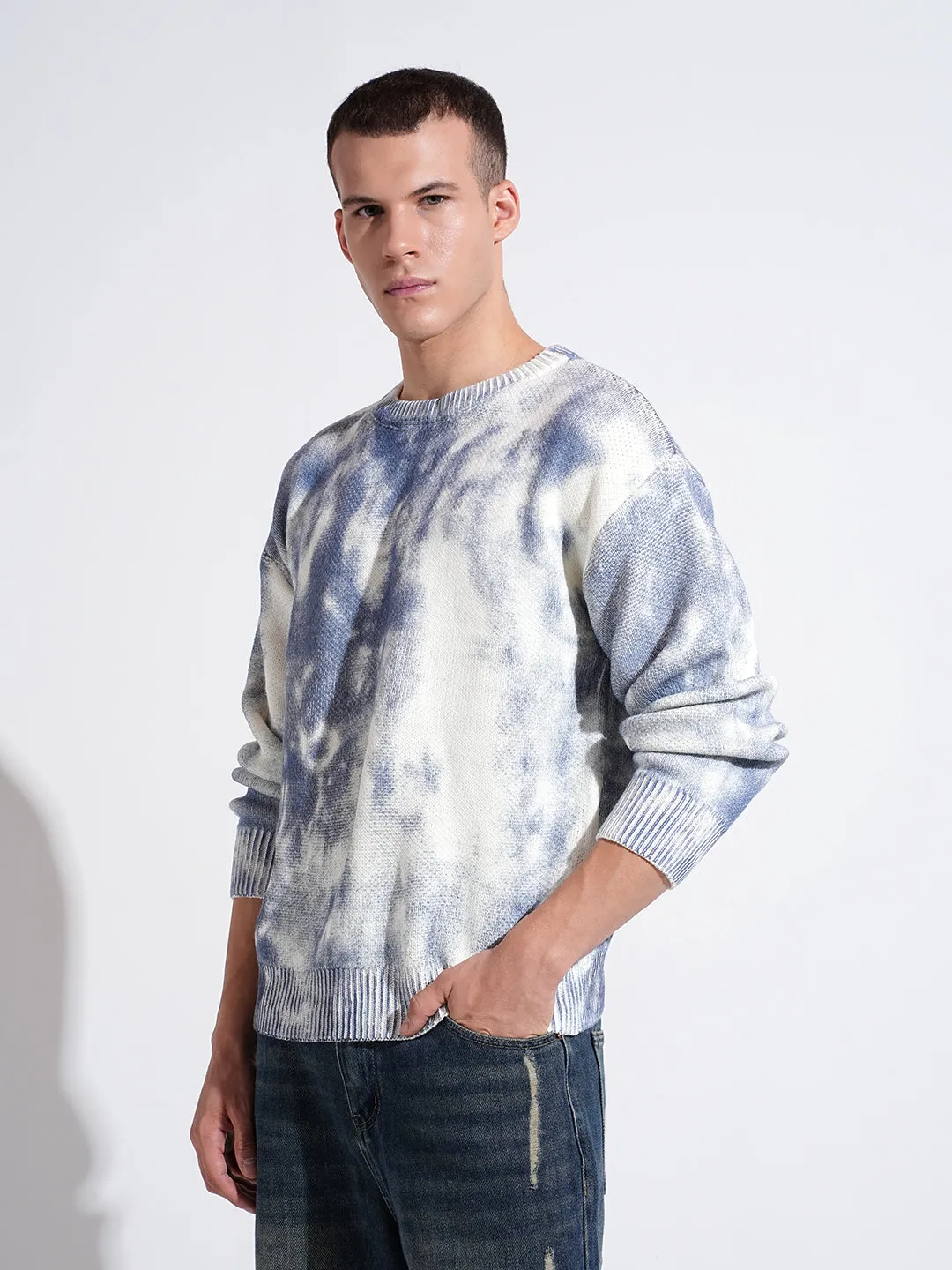 Men's Tie and Dye Blue Round Neck Regular Fit Sweatshirt Odor-resistant Performance Ready