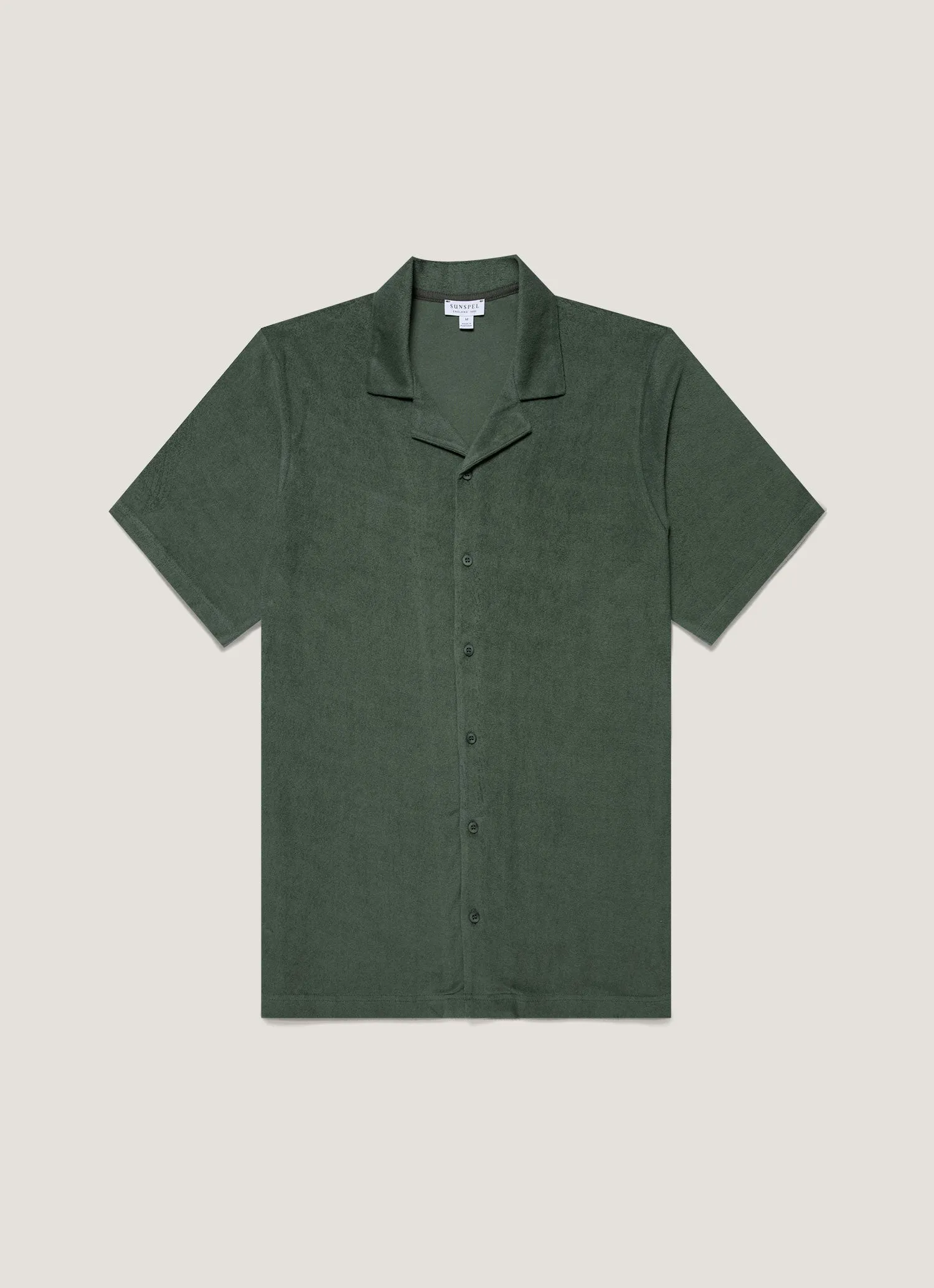 Men's Towelling Camp Collar Shirt in Dusk Green Raw Edge Hem