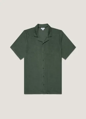 Men's Towelling Camp Collar Shirt in Dusk Green Raw Edge Hem