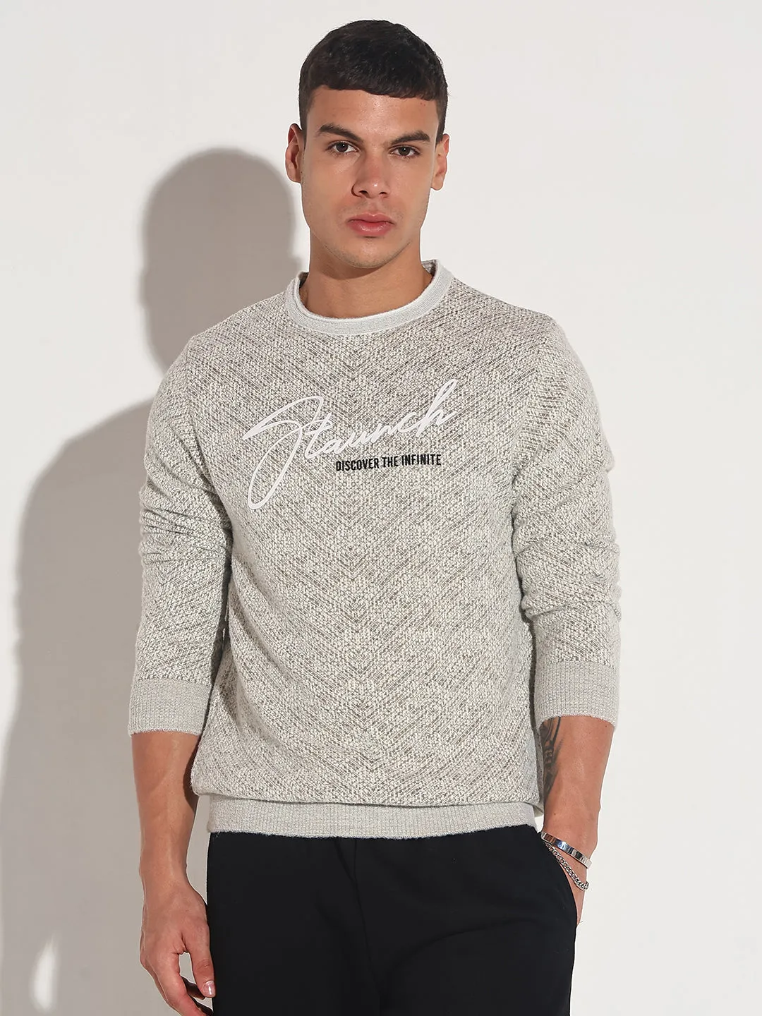 Cozy Interior Fleece Men's Typography Beige Ribbed Round Neck Sweater