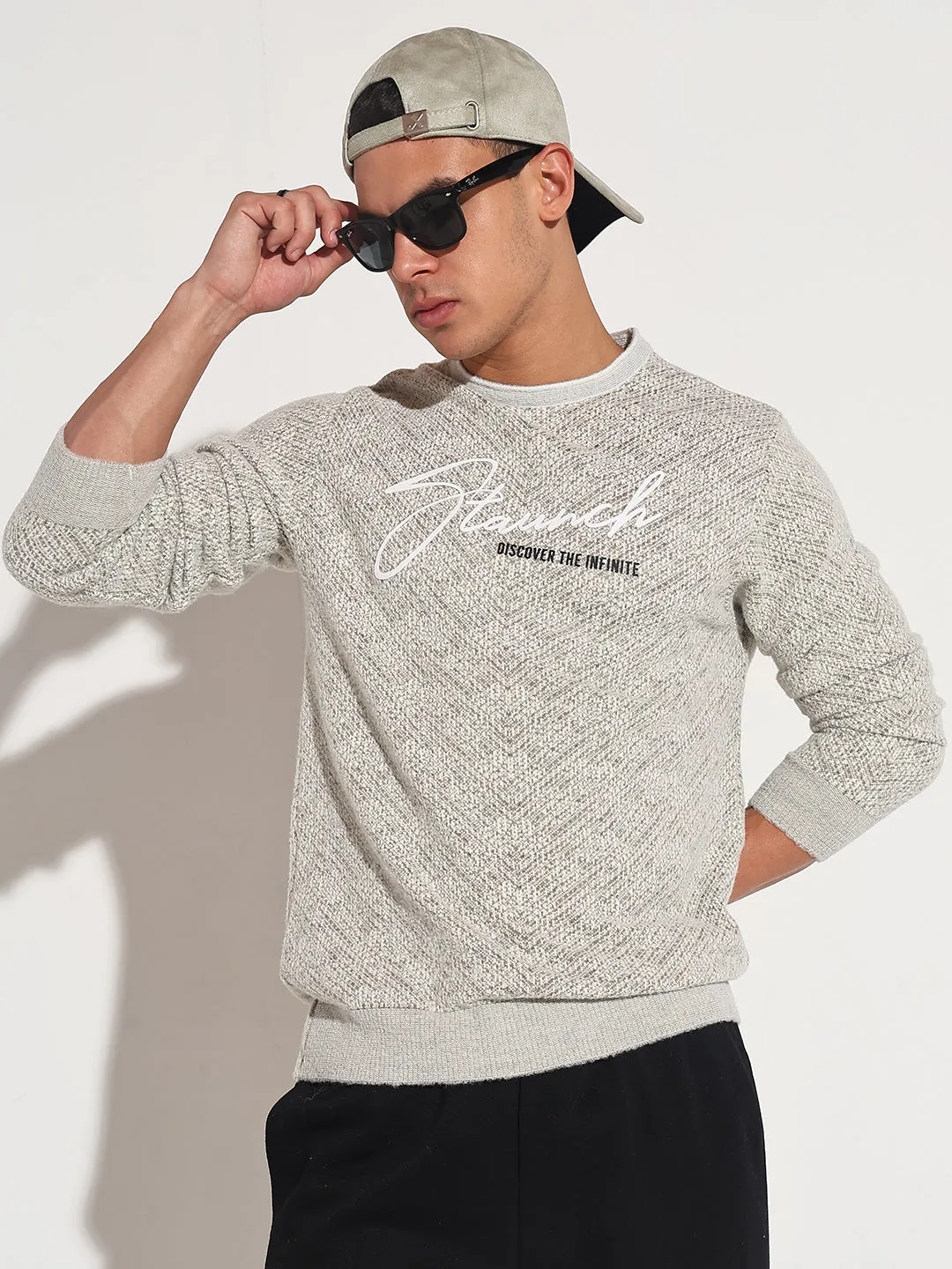 Soft Layer Cold Layer Men's Typography Beige Ribbed Round Neck Sweater