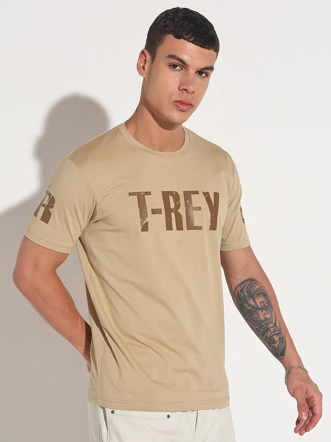 Men's Typography Beige Round Neck Regular Fit T-Shirt Essential Shirt Cozy Knit