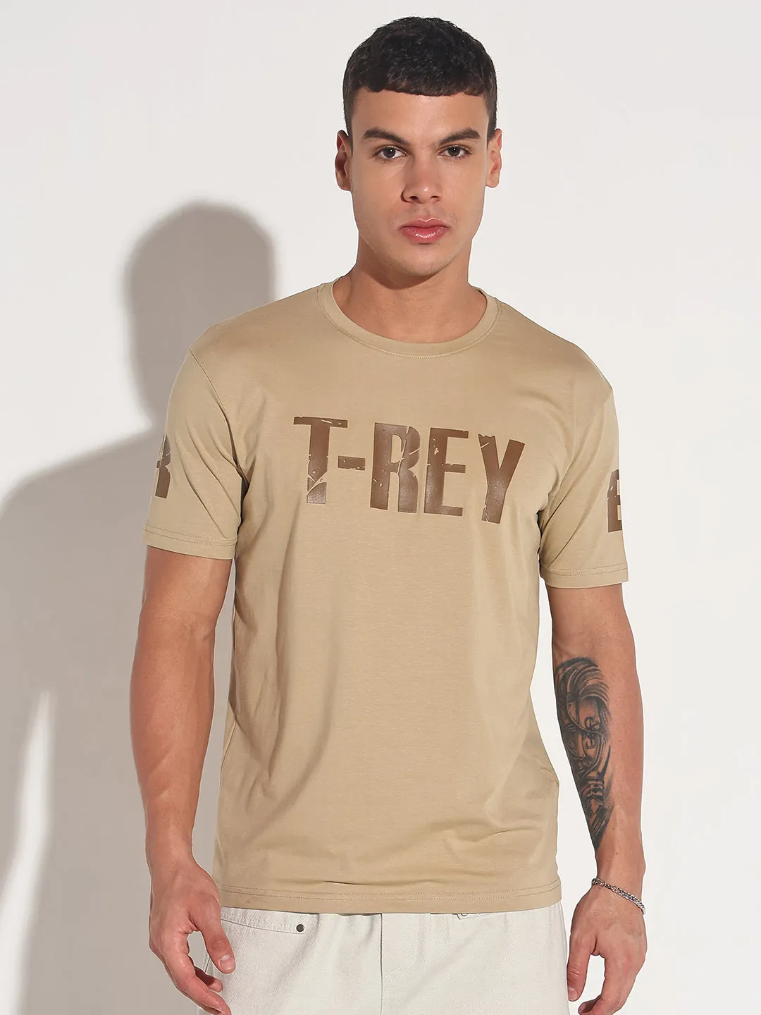 Men's Typography Beige Round Neck Regular Fit T-Shirt AI Core