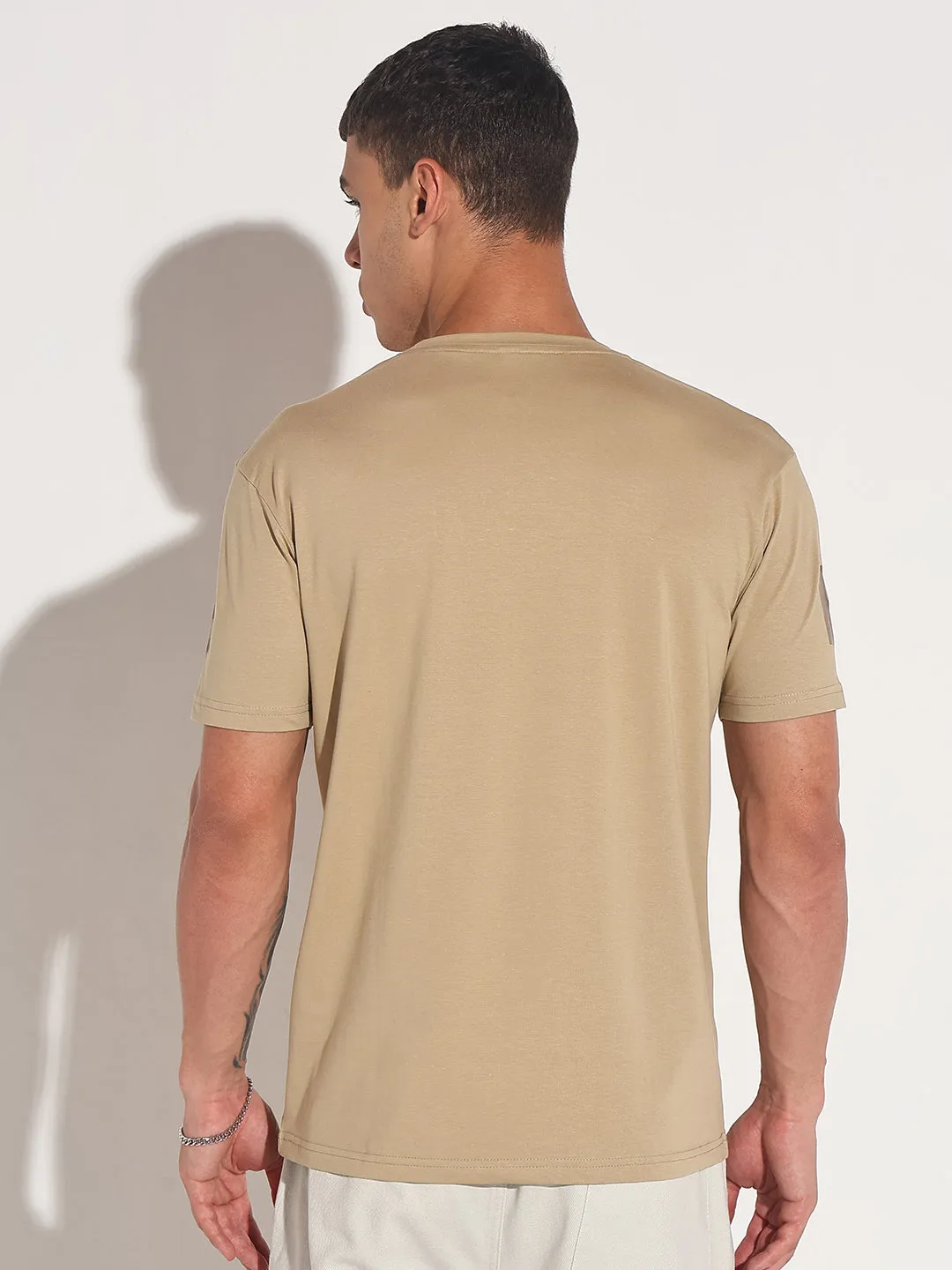 Men's Typography Beige Round Neck Regular Fit T-Shirt Happy Core Sporty Look