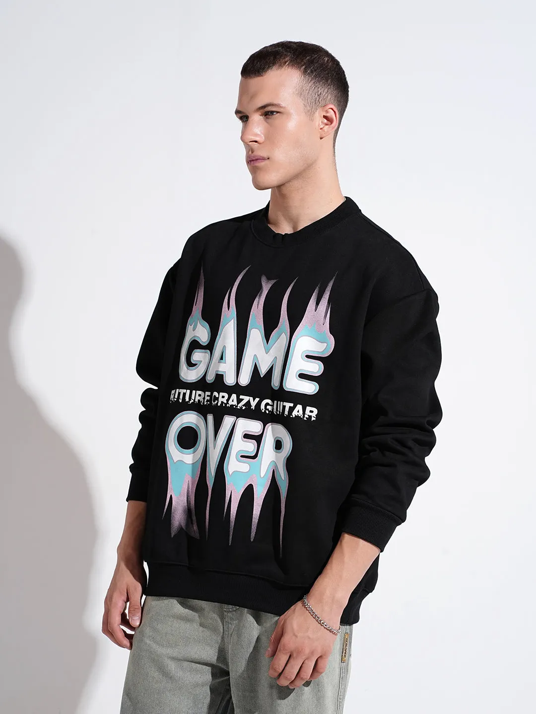 Classic Fit Men's Typography Black Round Neck Oversized Sweatshirt