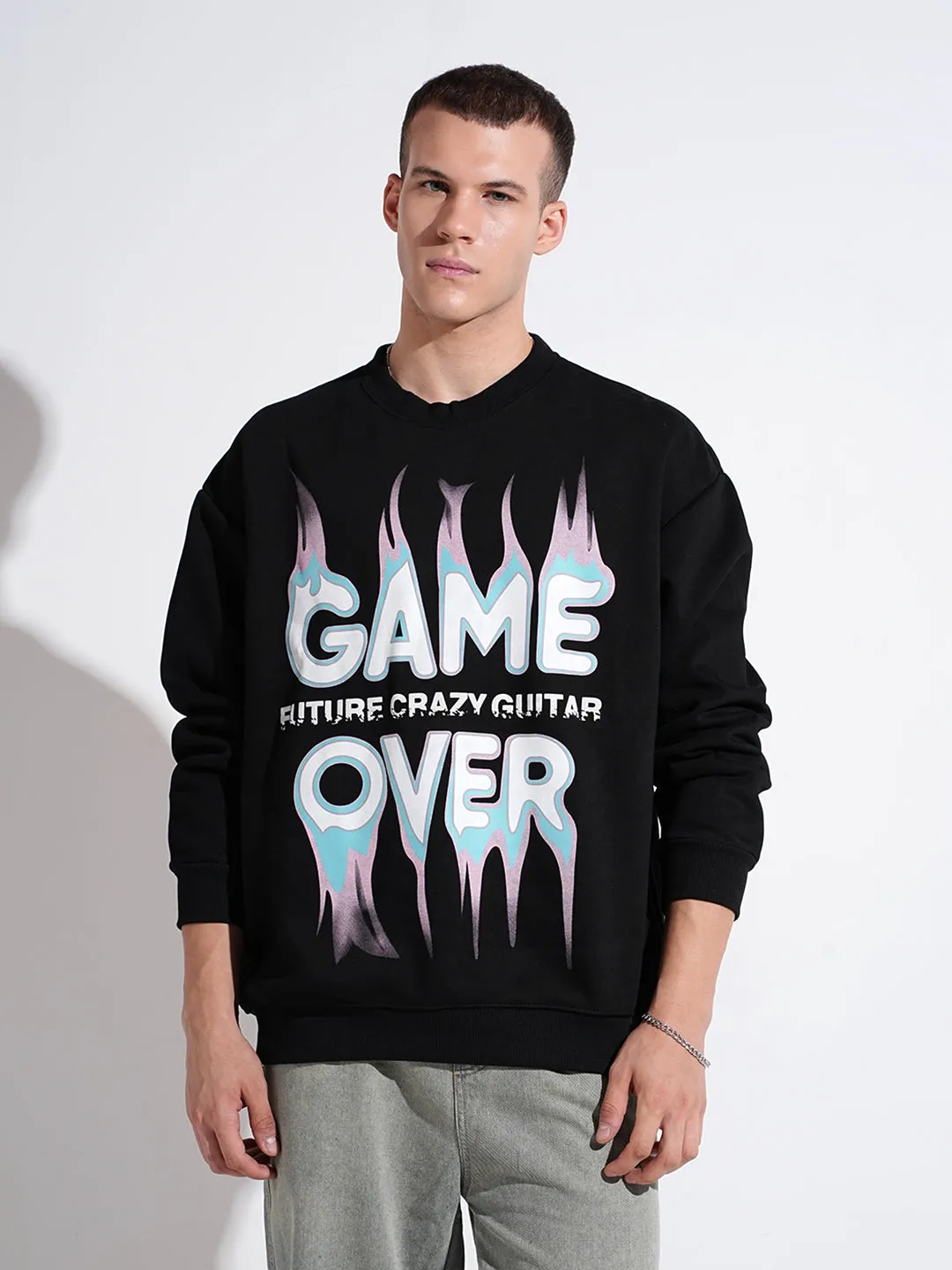 Men's Typography Black Round Neck Oversized Sweatshirt Logo Emblem