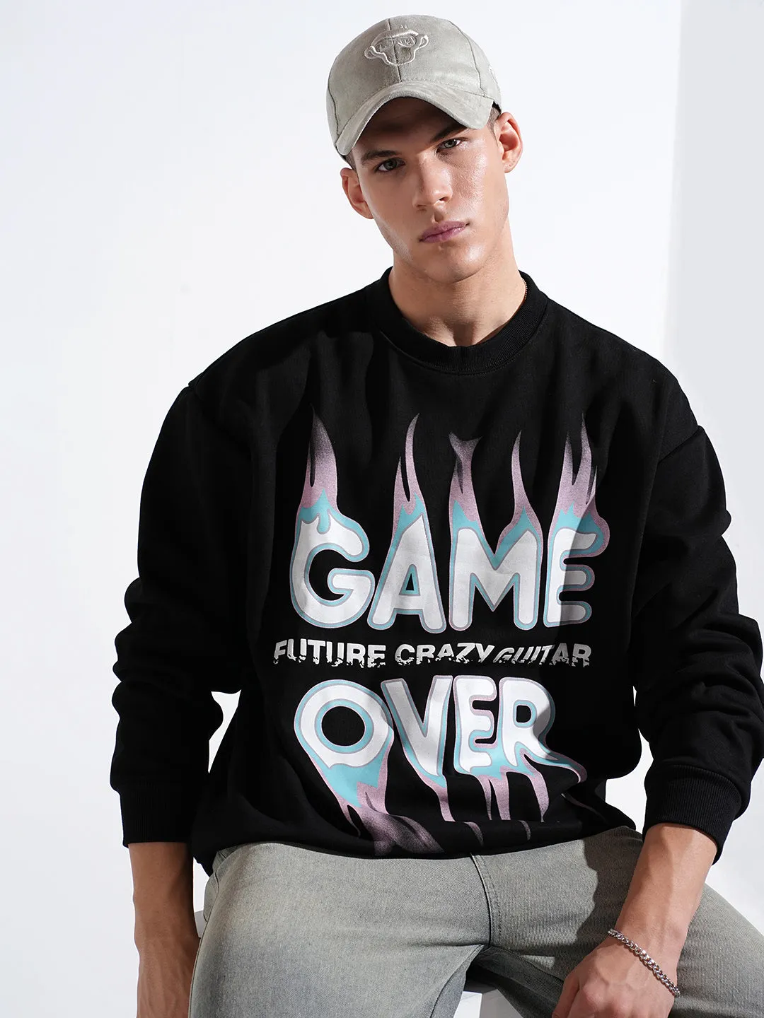 casual top Eco-friendly Men's Typography Black Round Neck Oversized Sweatshirt