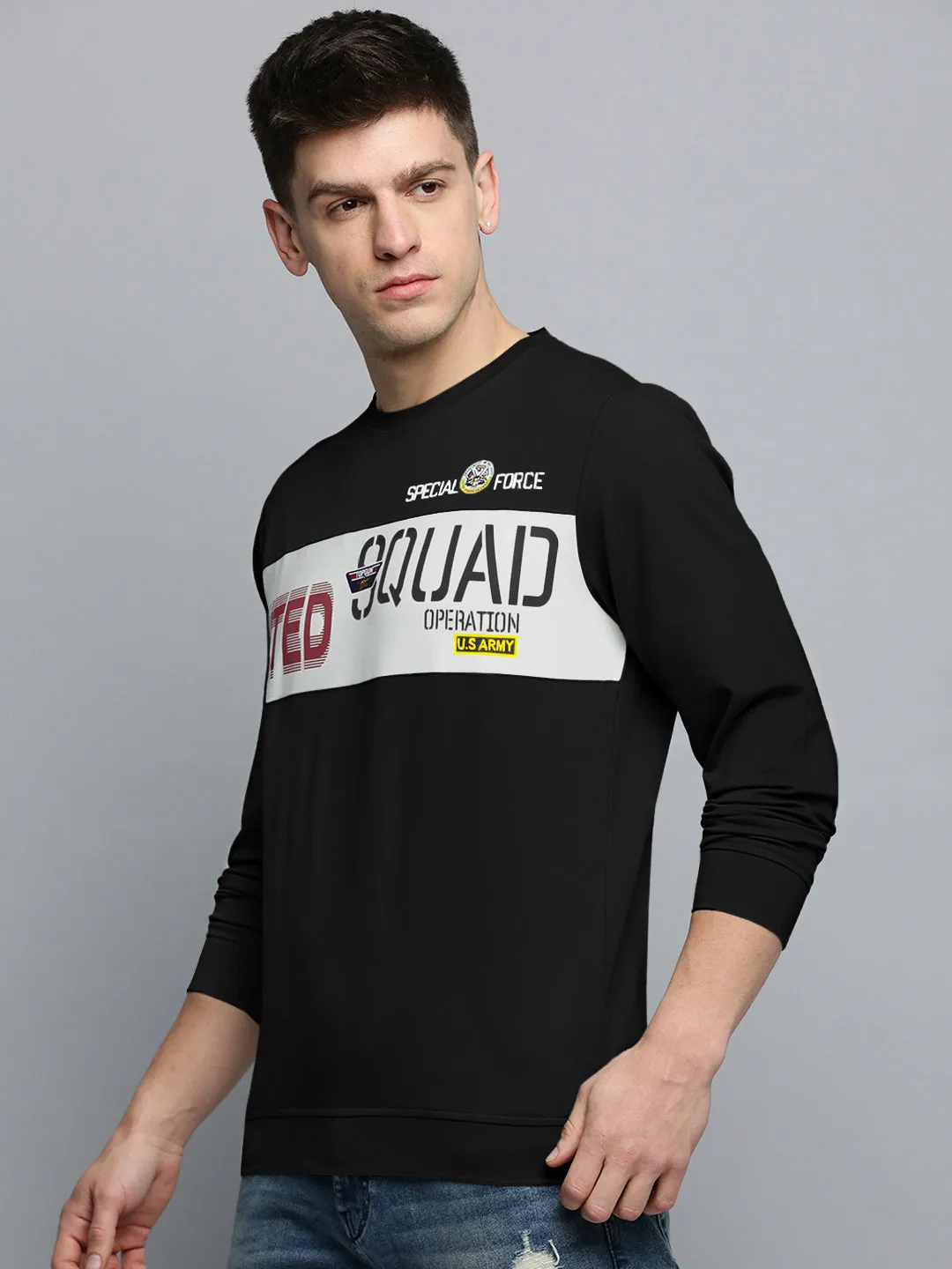 Men's Typography Black Round Neck Ribbed Sweatshirt Chill Clothing