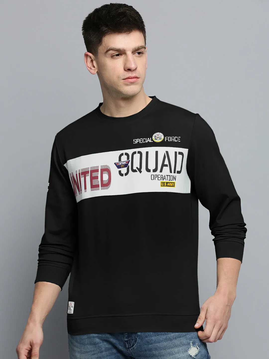 Men's Typography Black Round Neck Ribbed Sweatshirt Cozy Protection