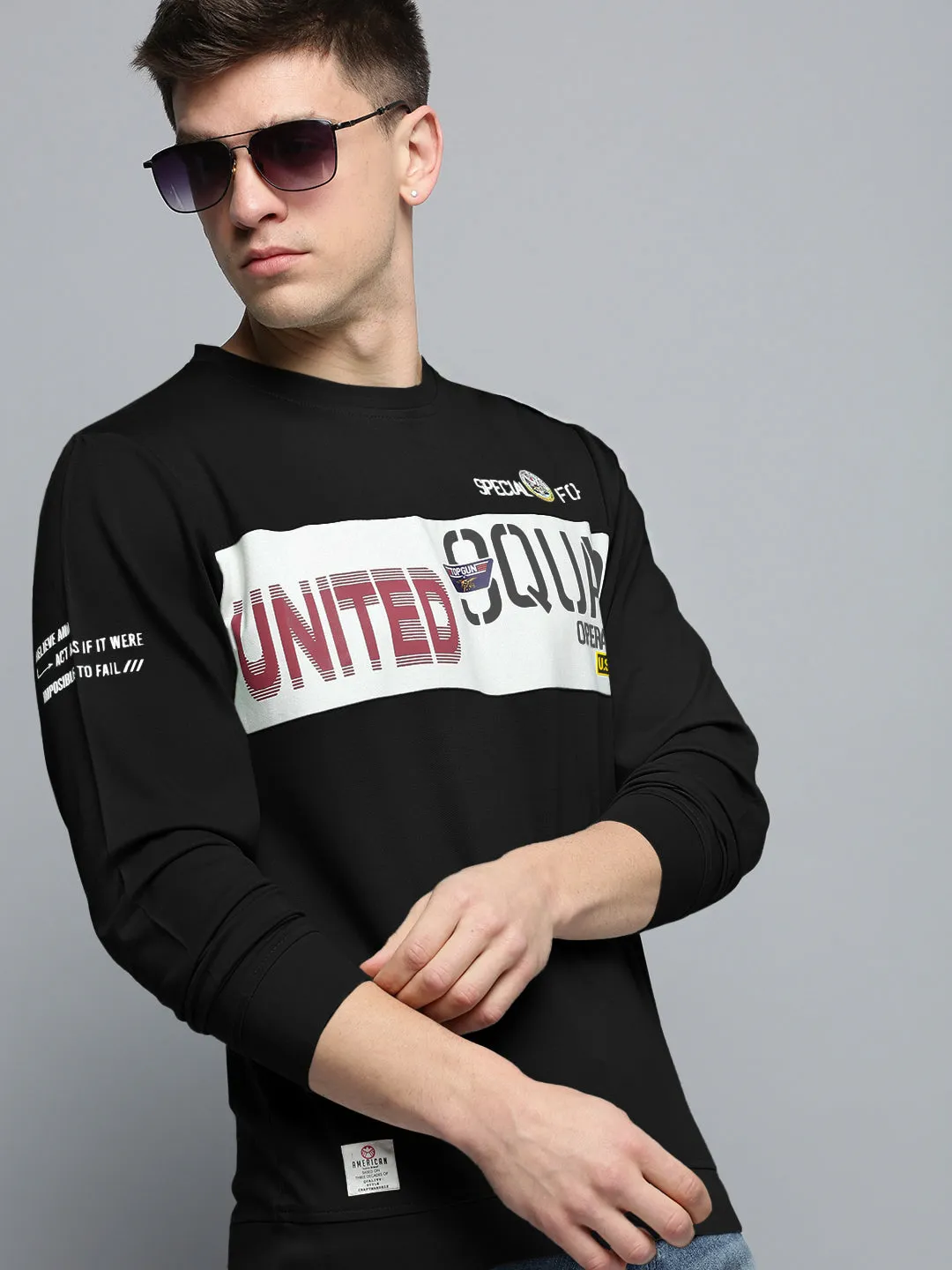 Anti-pilling Men's Typography Black Round Neck Ribbed Sweatshirt