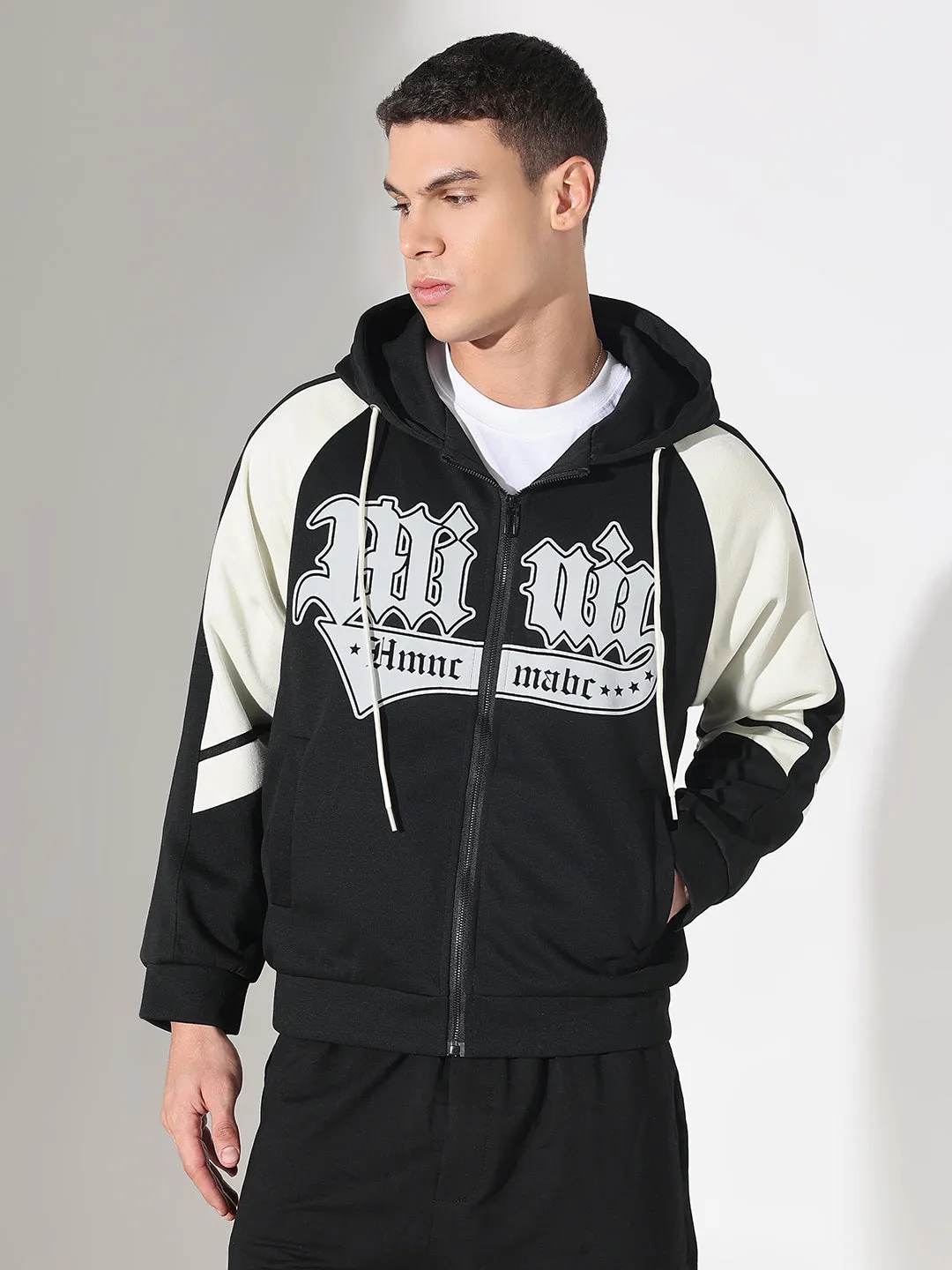 product satin lining luxury Essential Comfort Men's Typography Black Slim Fit Hoodie with Zip