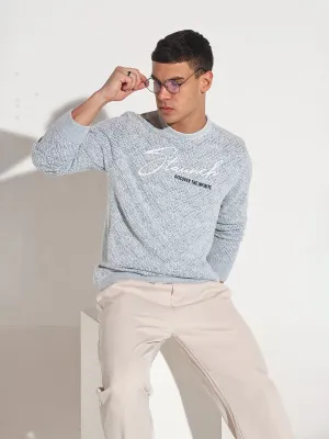 Classic Warmth Men's Typography Blue Ribbed Round Neck Sweater