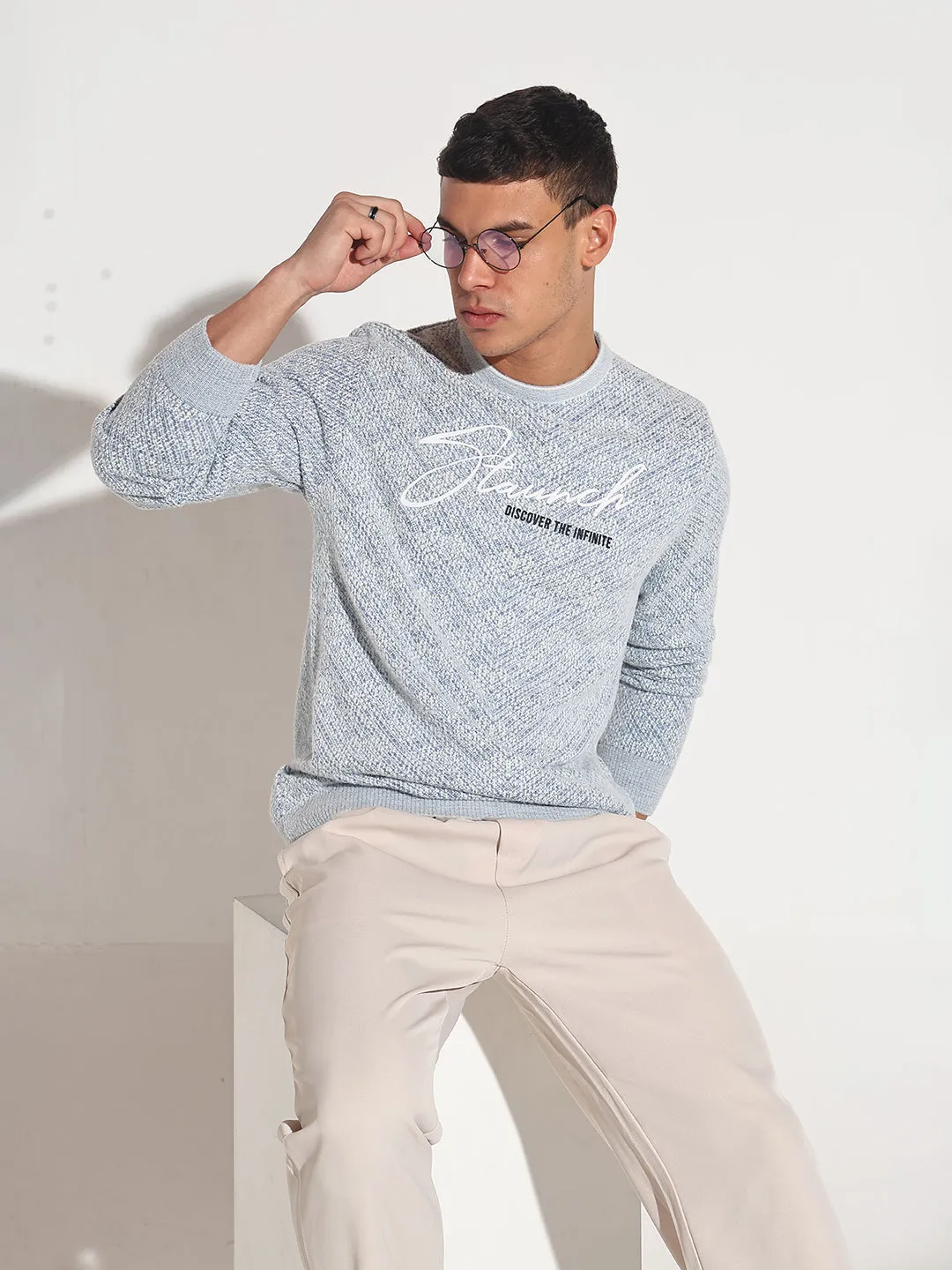 Classic Warmth Men's Typography Blue Ribbed Round Neck Sweater