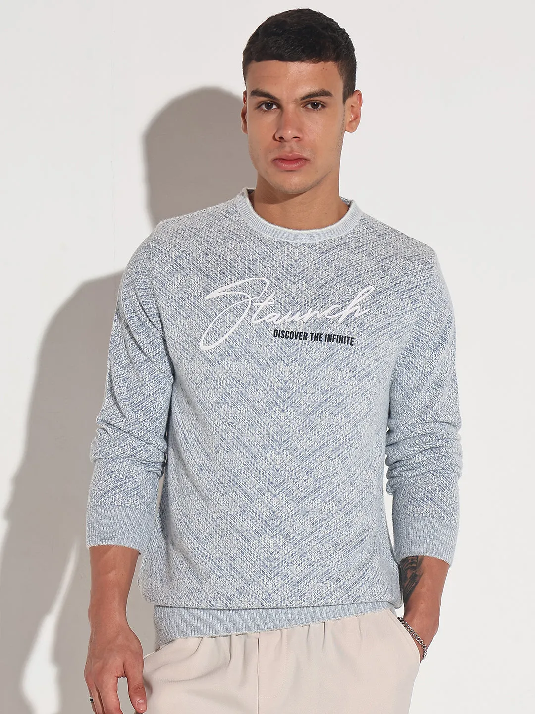 Clean Lines Men's Typography Blue Ribbed Round Neck Sweater