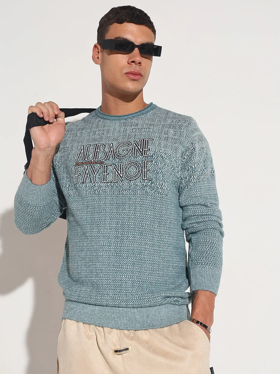 Men's Typography Blue Ribbed Round Neck Sweater Travel Essential