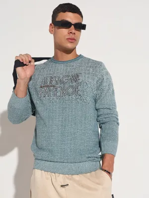 Men's Typography Blue Ribbed Round Neck Sweater Travel Essential