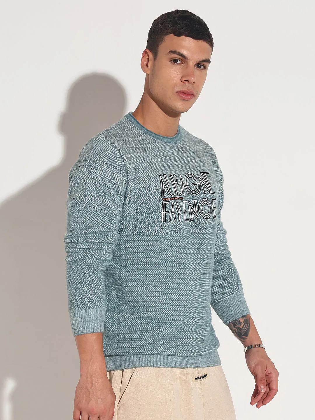 Warm Fabric Men's Typography Blue Ribbed Round Neck Sweater
