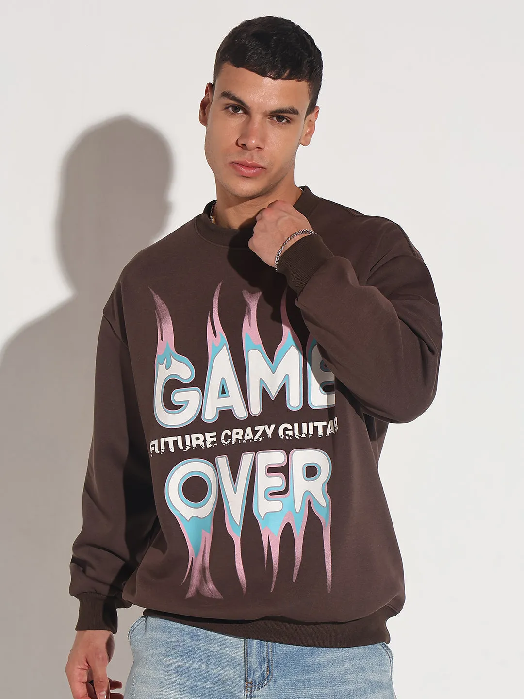 Camouflage Men's Typography Brown Graphic Printed Round Neck Ribbed Sweatshirt