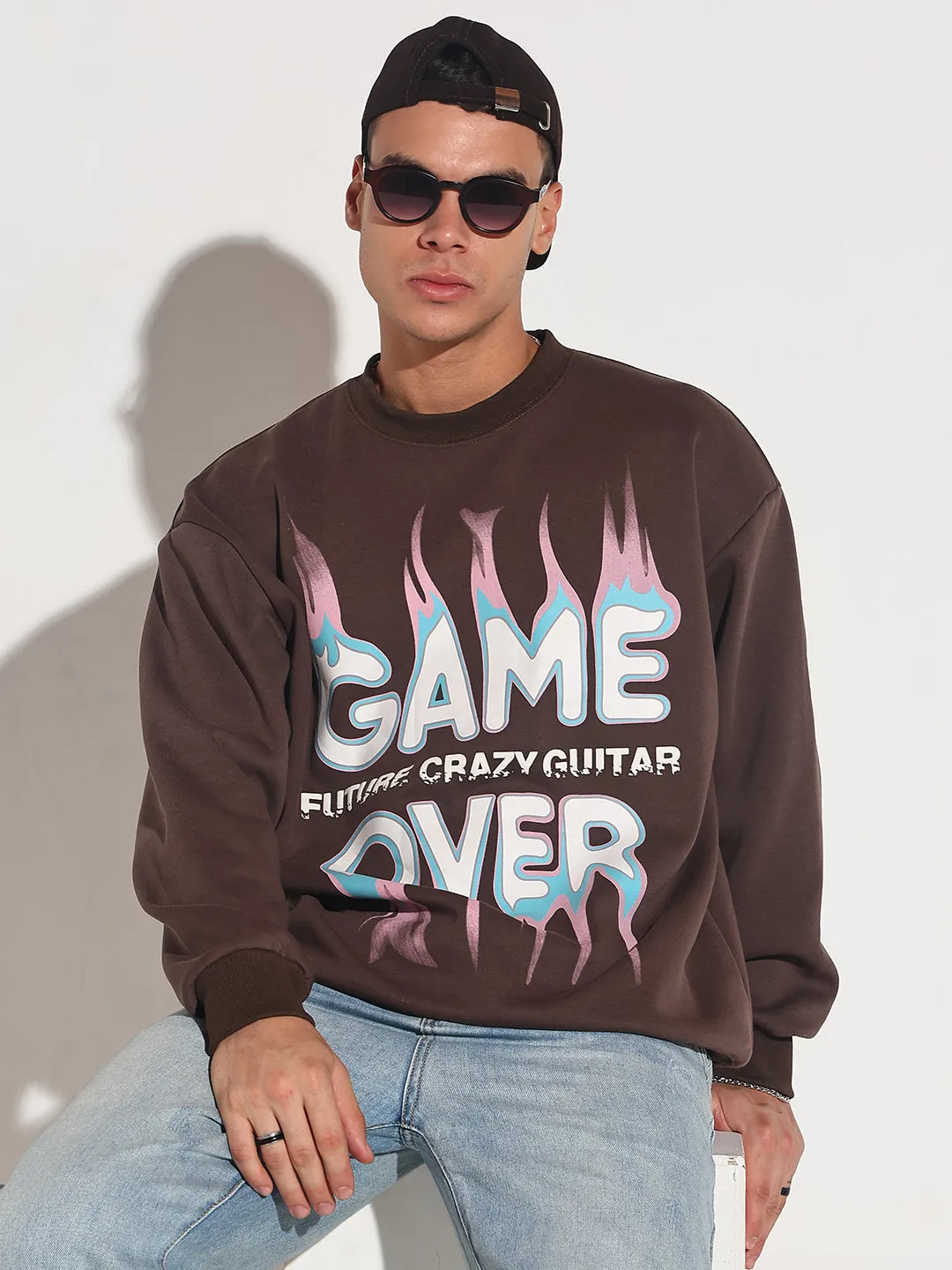 Fitted Shape Cozy Layers Men's Typography Brown Graphic Printed Round Neck Ribbed Sweatshirt