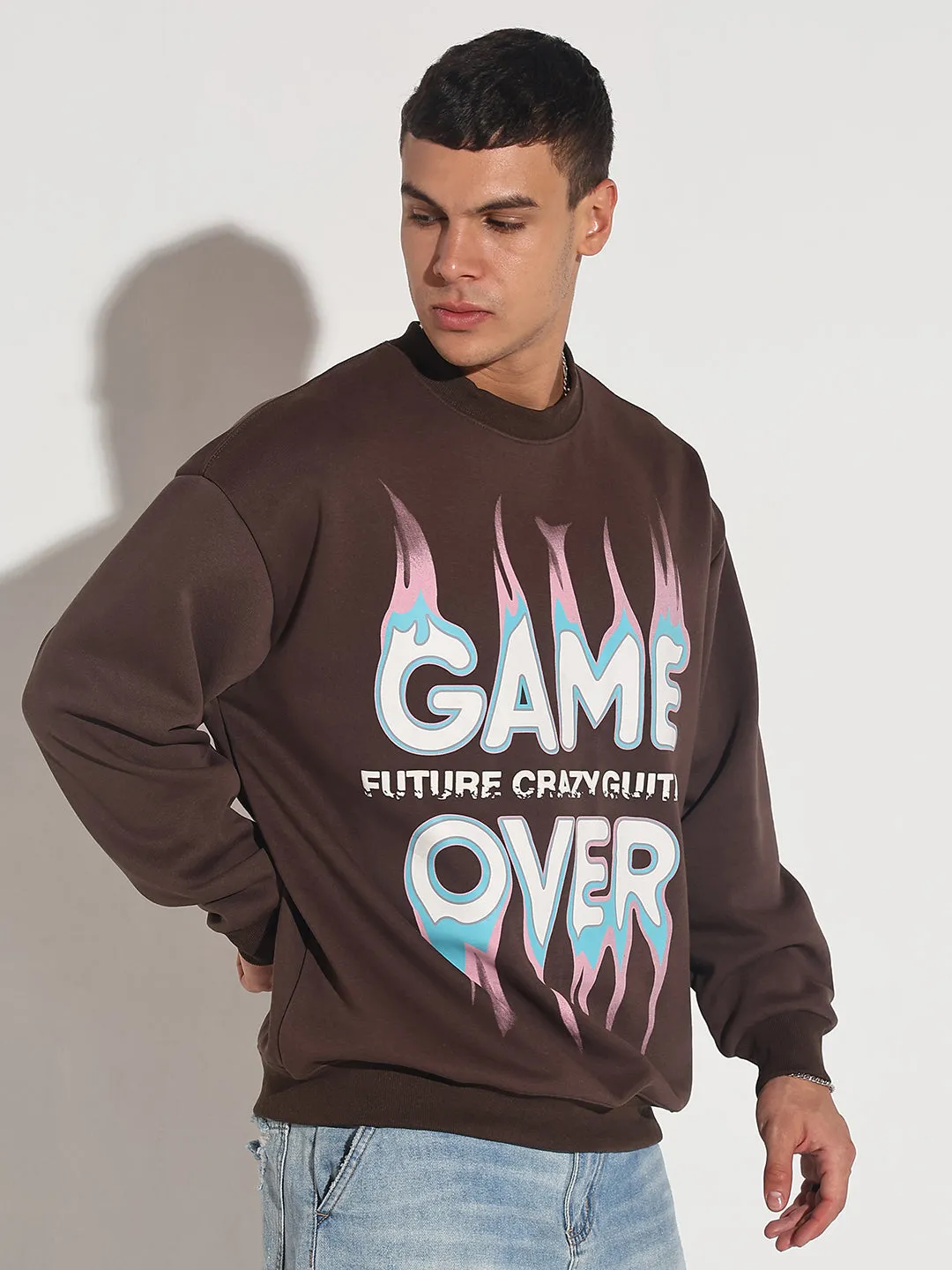 product checkered classicism Men's Typography Brown Graphic Printed Round Neck Ribbed Sweatshirt