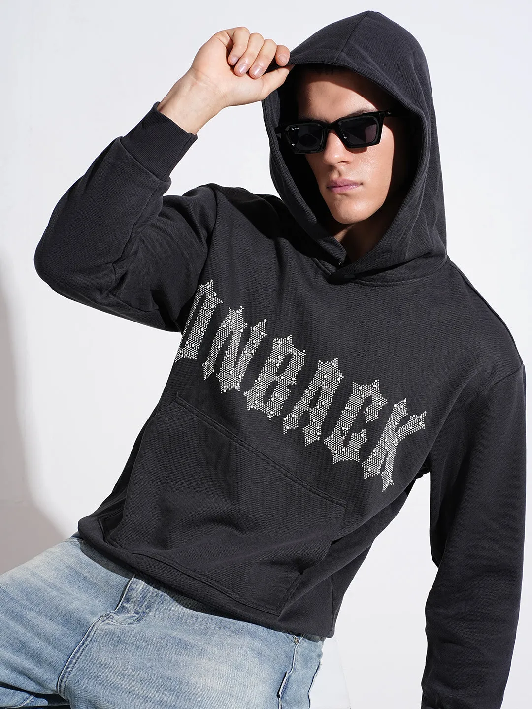 Men's Typography Charcoal Ribbed Regular Fit Hoodie Neutral Colors