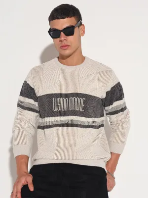 Men's Typography Cream Ribbed Round Neck Sweater Textured Weave
