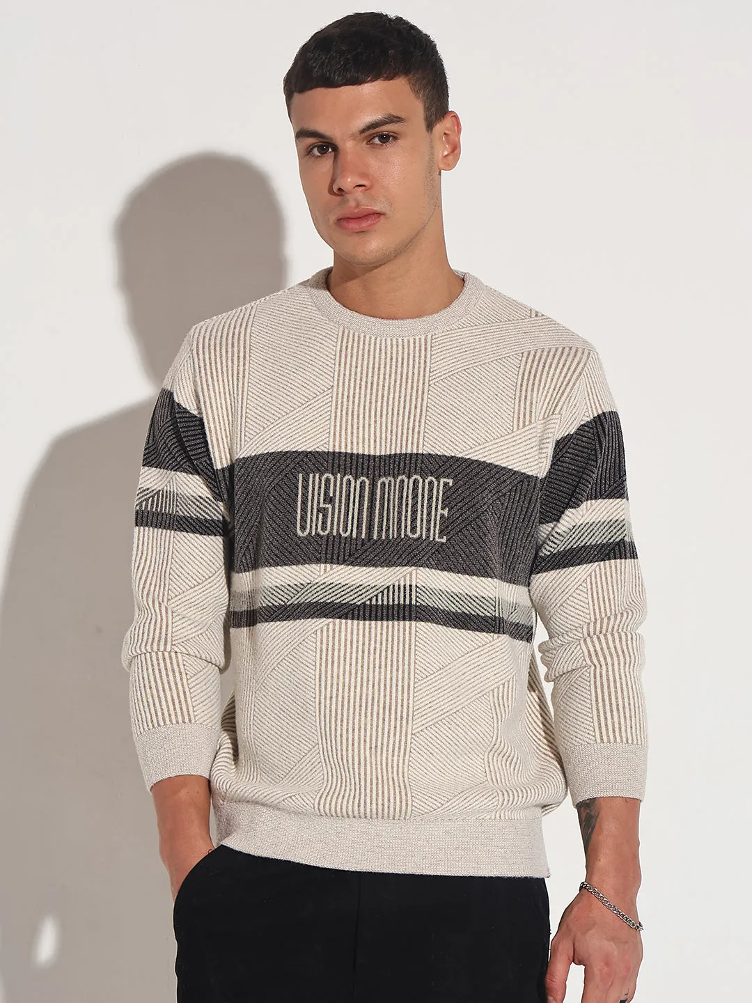 NonRestrictive Cuff City Style Men's Typography Cream Ribbed Round Neck Sweater