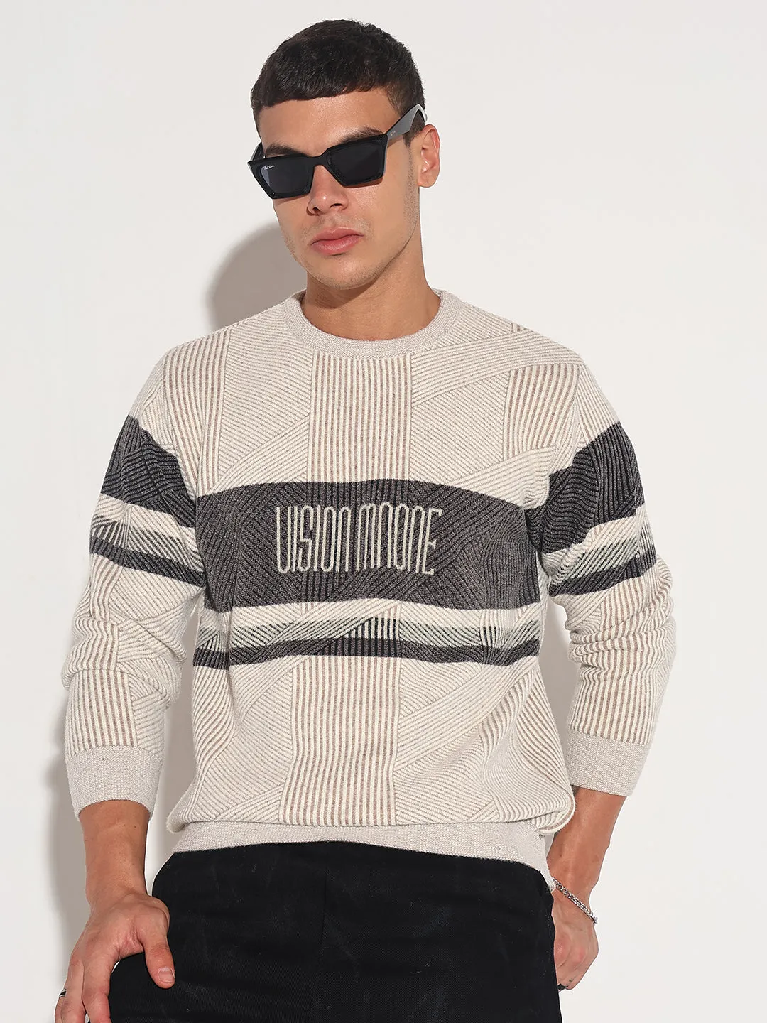 Men's Typography Cream Ribbed Round Neck Sweater Textured Weave