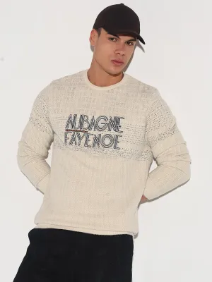 Men's Typography Cream Ribbed Round Neck Sweater Basic Layer