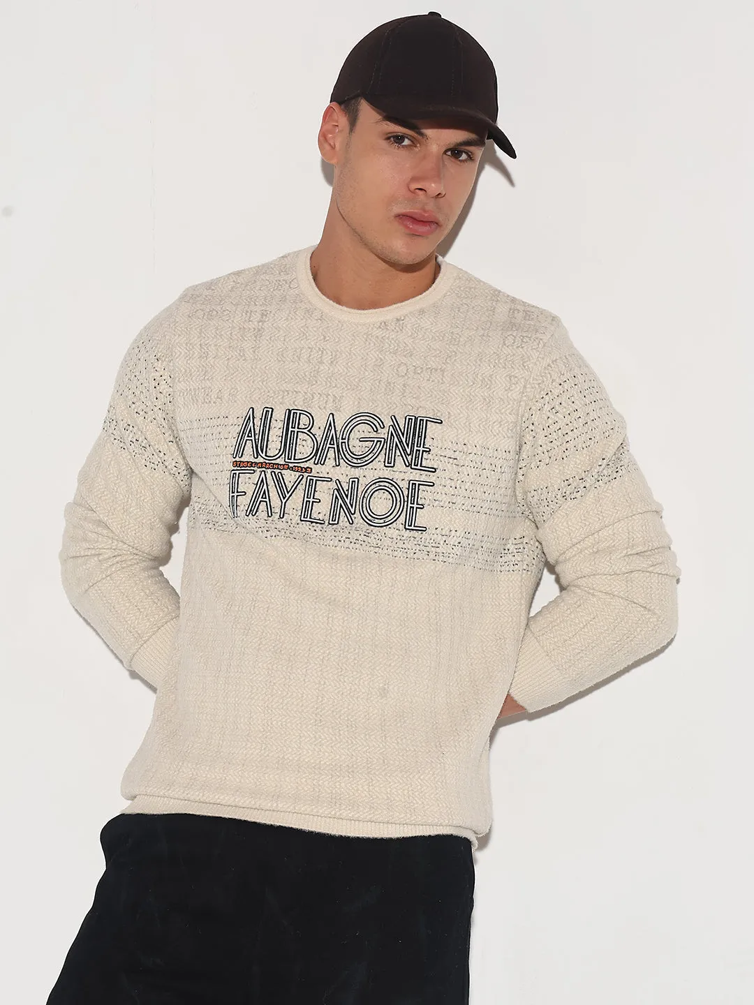 Men's Typography Cream Ribbed Round Neck Sweater Basic Layer
