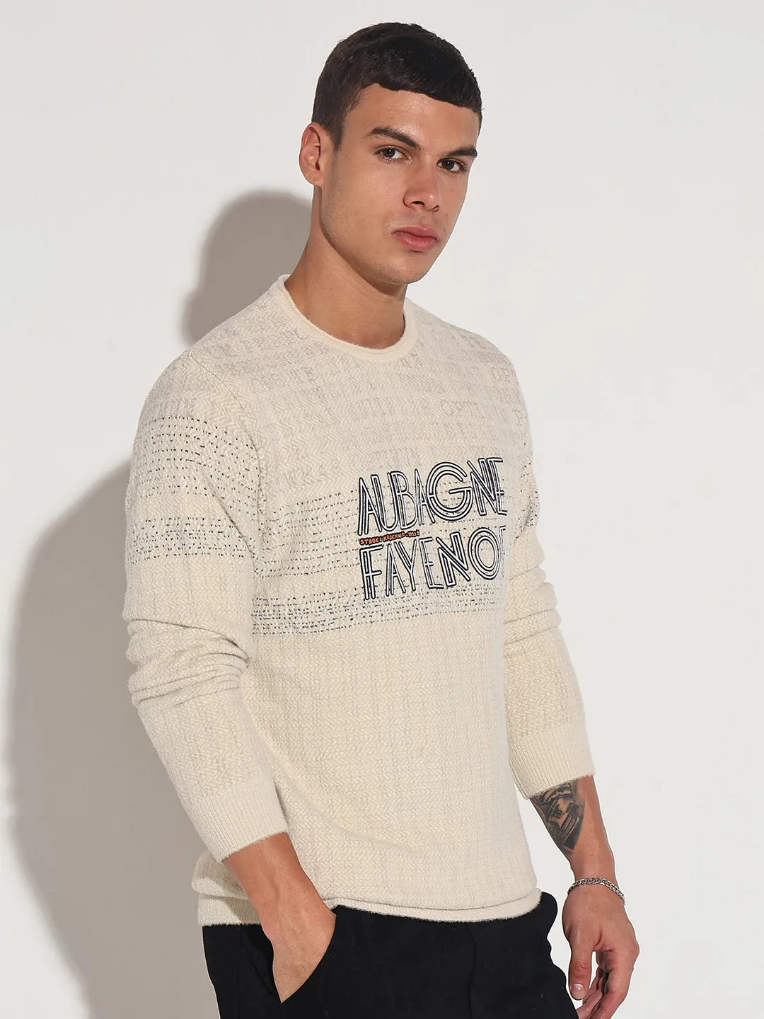 Mood Wear Breathable mesh lining Men's Typography Cream Ribbed Round Neck Sweater