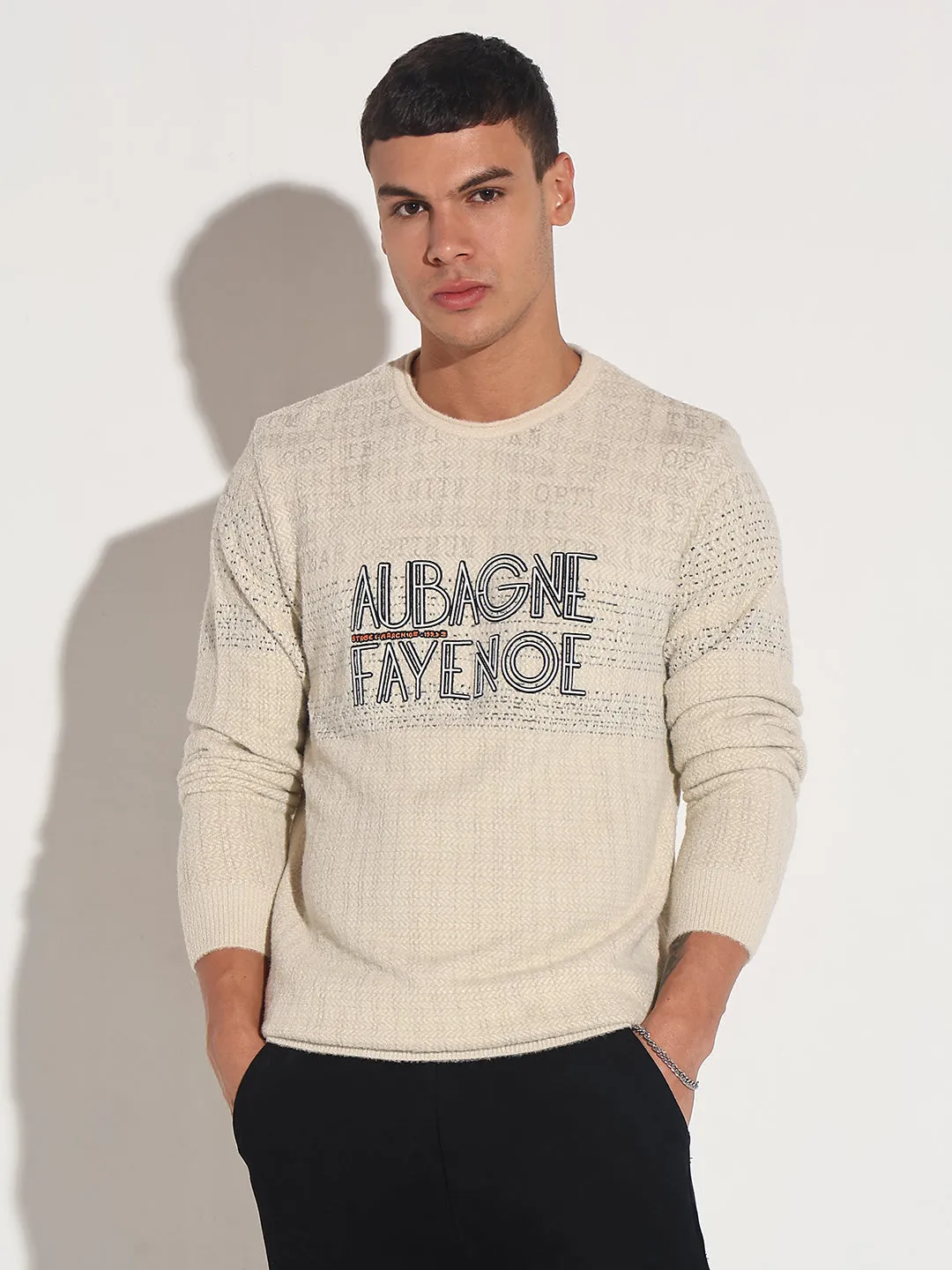 Men's Typography Cream Ribbed Round Neck Sweater Airflow channels Heat Retention Lining