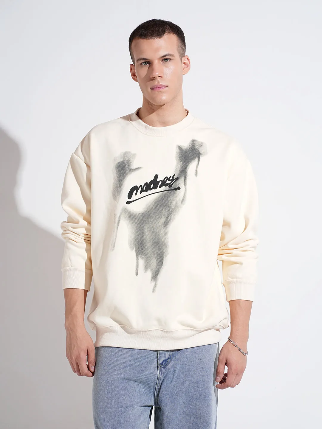 Street Sporty Product improvement Men's Typography Cream Round Neck Regular Fit Sweatshirt