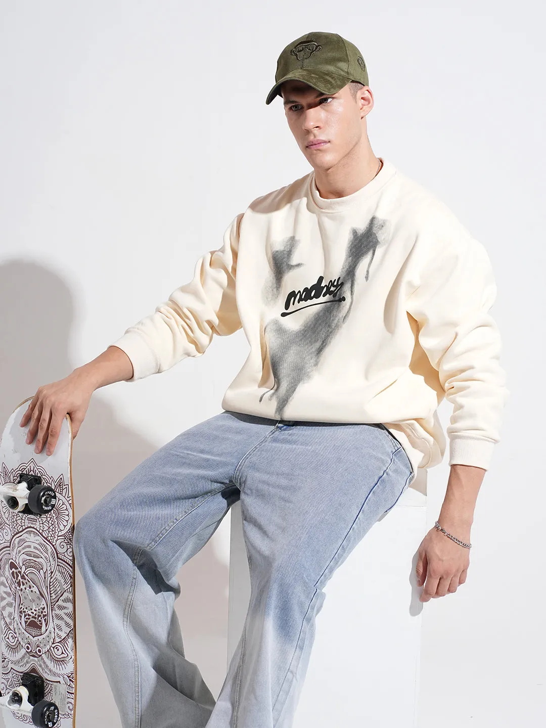 Casual Essentials Men's Typography Cream Round Neck Regular Fit Sweatshirt